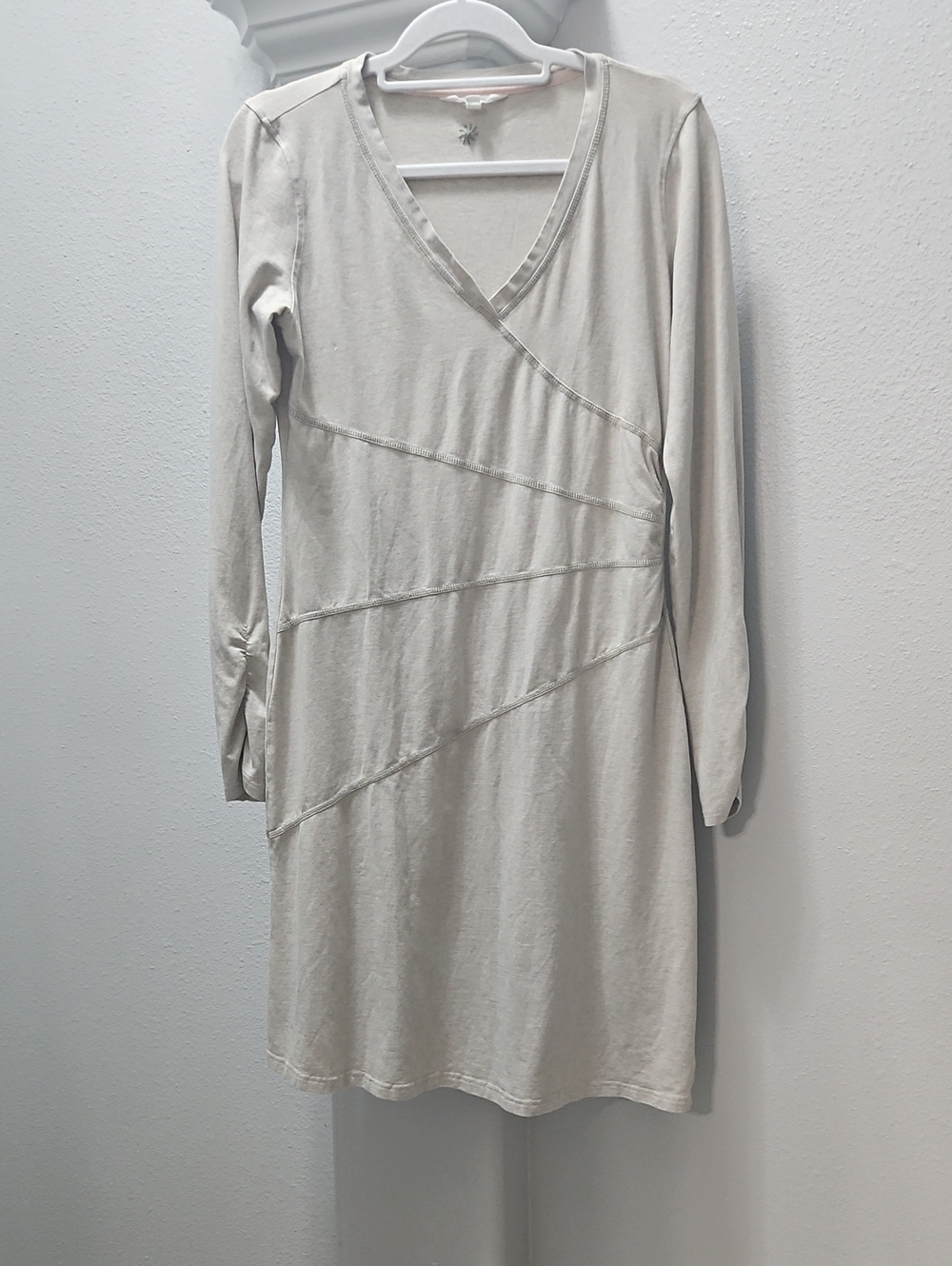 Athleta Cream Long-Sleeve Wrap-Detail Dress